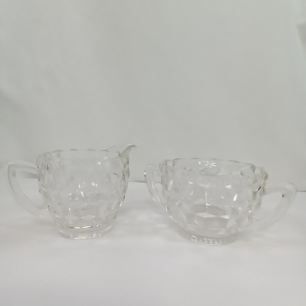 Fostoria American Clear Glass Creamer and Sugar Bowl Set Cube Pattern‎ Vintage